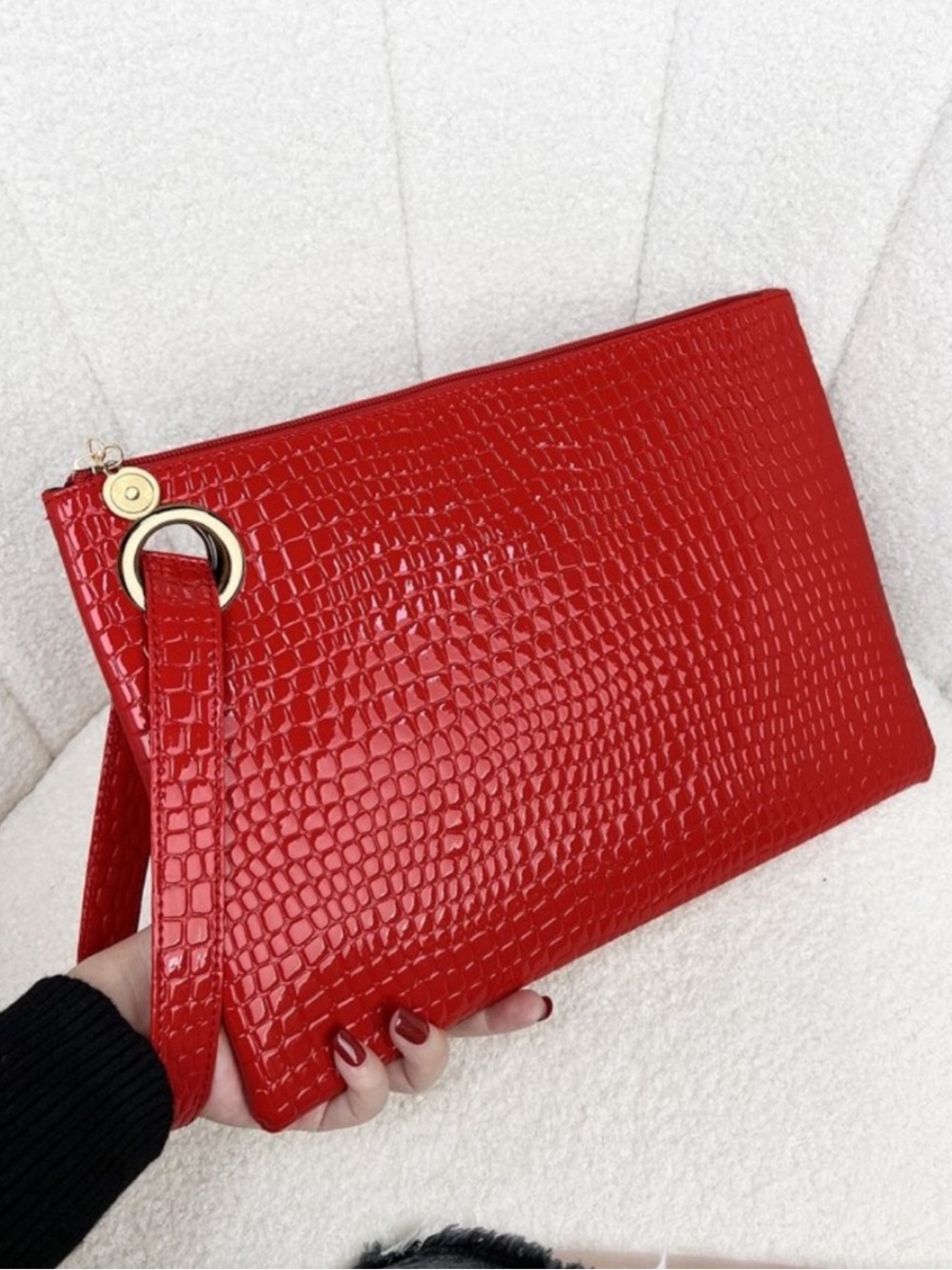 Red Croc-Embossed Wristlet Clutch